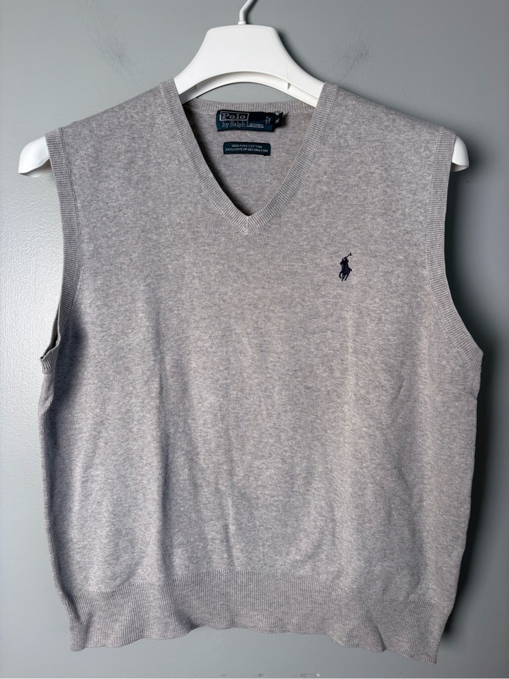 Polo Ralph Lauren Mens Medium Gray Pima Cotton V-Neck Sweater Vest Navy Pony M